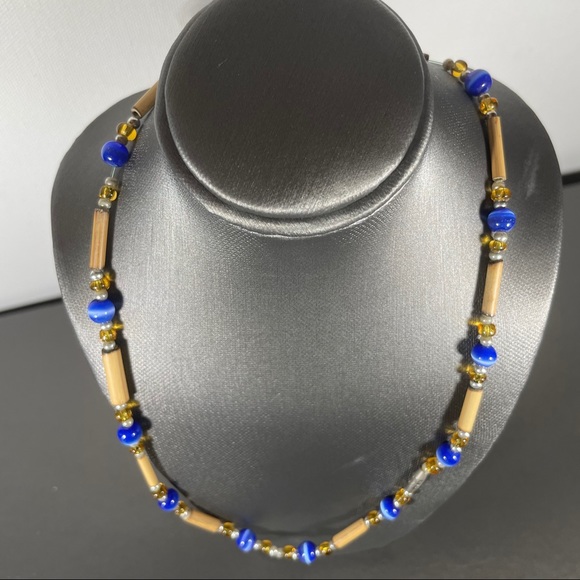 Other - Blue Cat Eye Men’s Tribal Bead Wooden Necklace
